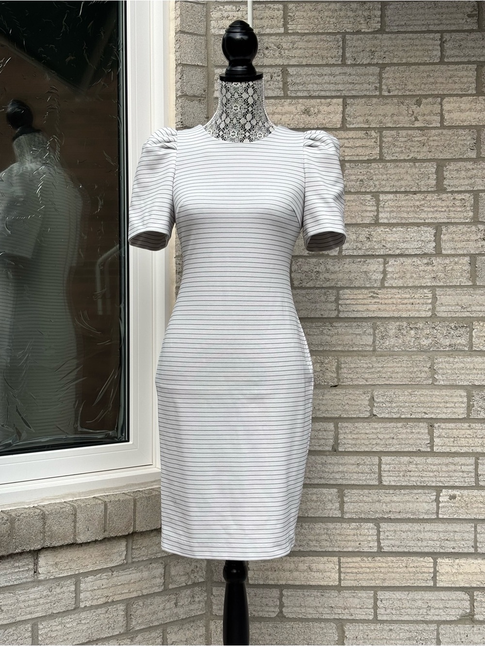 Calvin Klein White Striped Puff Sleeve Midi Dress